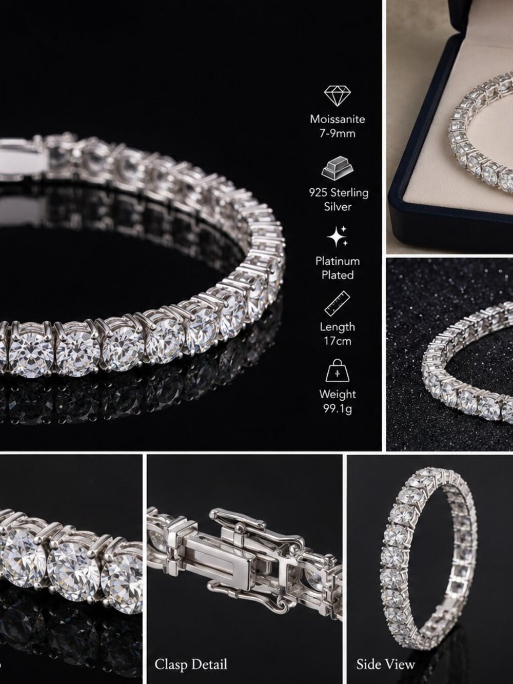 BR-02-BR-8mm--925 Silver Platinum Plated Moissanite Bracelet Sparkling Wedding G